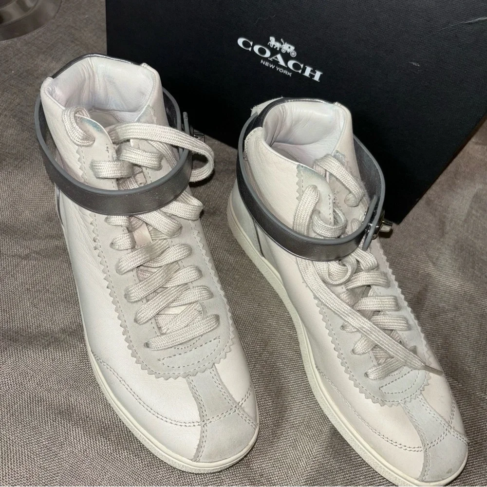 COACH® Sheep Nappa Suede High Top Sneakers White Metallic Silver C213 Size 7.5